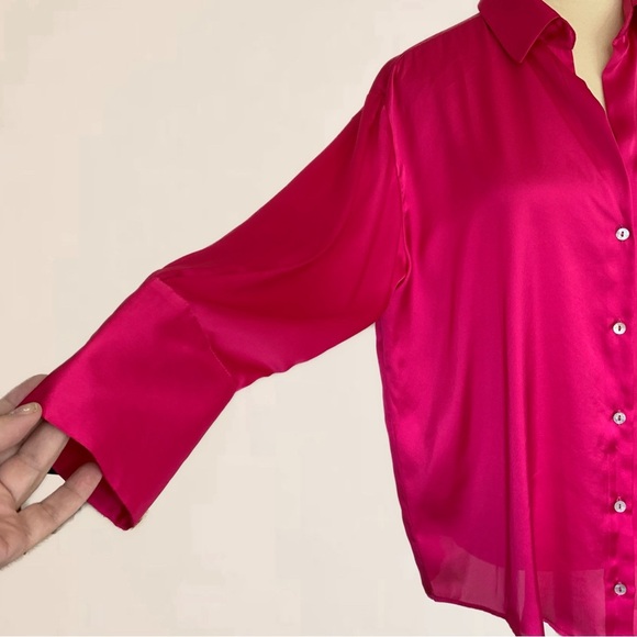 NWT Zara Pink Satin Long Sleeve Shirt With Classic Collar Long Cuffs - Picture 4 of 9